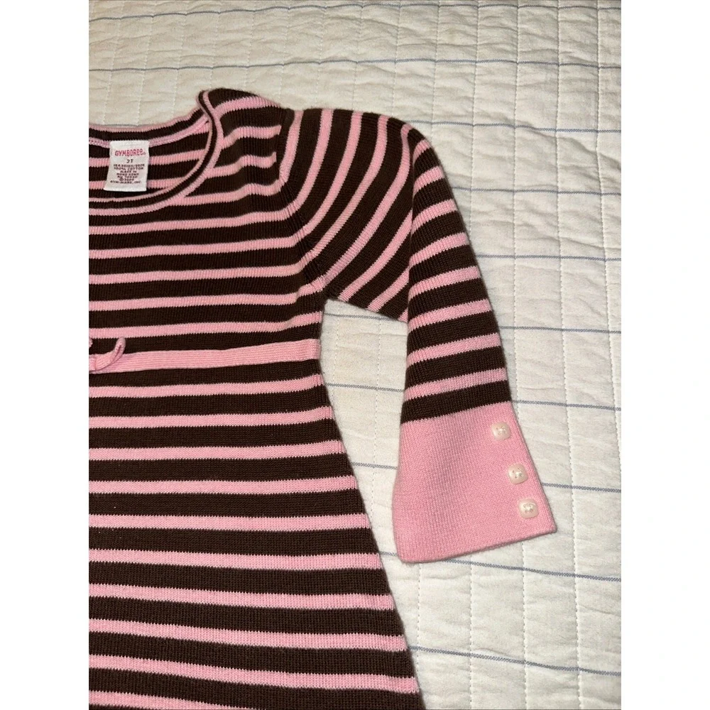 Gymboree Girls 2T Pink Brown Striped Cotton Knit Sweater Dress Long Sleeve Bow‎